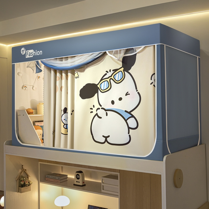 91家纺网 家纺一手货源 找家纺 铭宣家居 2025新款100%物理强遮光纳米技术静电植绒环保透气床帘加密纱学生蚊帐透气面料 酷萌小汪