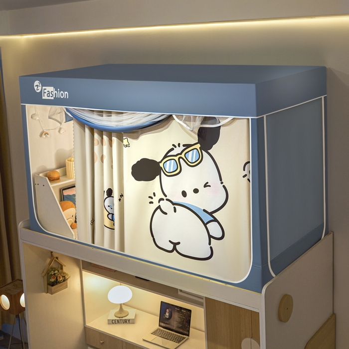 91家纺网 家纺一手货源 找家纺 铭宣家居 2025新款100%物理强遮光纳米技术静电植绒环保透气床帘加密纱学生蚊帐透气面料 酷萌小汪