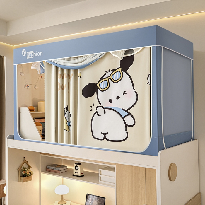 91家纺网 家纺一手货源 找家纺 铭宣家居 2025新款100%物理强遮光纳米技术静电植绒环保透气床帘加密纱学生蚊帐透气面料 酷萌小汪