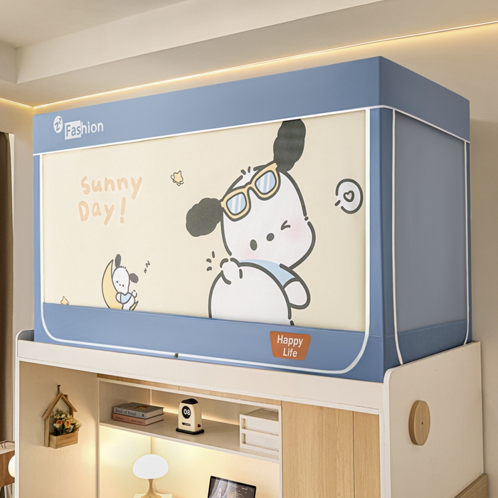 91家纺网 家纺一手货源 找家纺 铭宣家居 2025新款100%物理强遮光纳米技术静电植绒环保透气床帘加密纱学生蚊帐透气面料 酷萌小汪