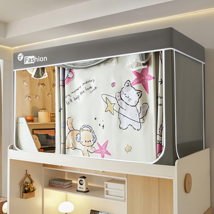 91家纺网 家纺一手货源 找家纺 铭宣家居 2025新款100%物理强遮光纳米技术静电植绒环保透气床帘加密纱学生蚊帐透气面料 快乐猫咪