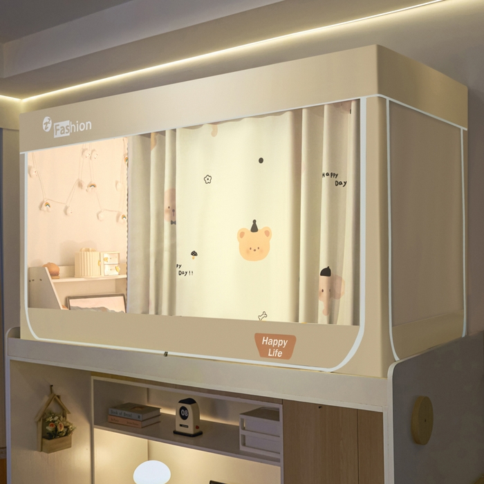 铭宣家居 2025新款100%物理强遮光纳米技术静电植绒环保透气床帘加密纱学生蚊帐透气面料 萌宠物语