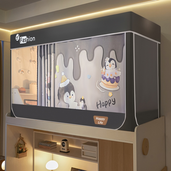 铭宣家居 2025新款100%物理强遮光纳米技术静电植绒环保透气床帘加密纱学生蚊帐透气面料 企鹅宝宝