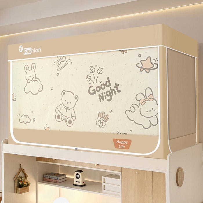 91家纺网 家纺一手货源 找家纺 铭宣家居 2025新款100%物理强遮光纳米技术静电植绒环保透气床帘加密纱学生蚊帐透气面料 晚安宝贝