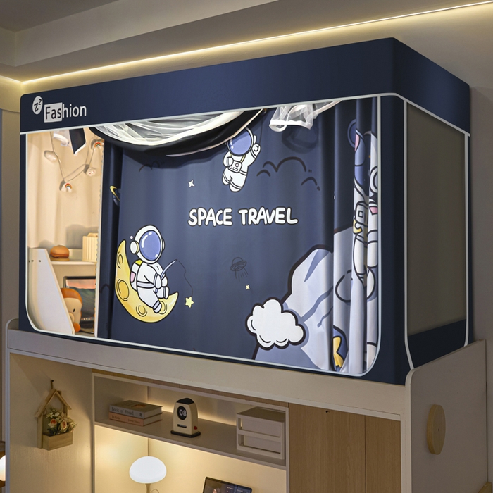 91家纺网 家纺一手货源 找家纺 铭宣家居 2025新款100%物理强遮光纳米技术静电植绒环保透气床帘加密纱学生蚊帐透气面料 星球探索