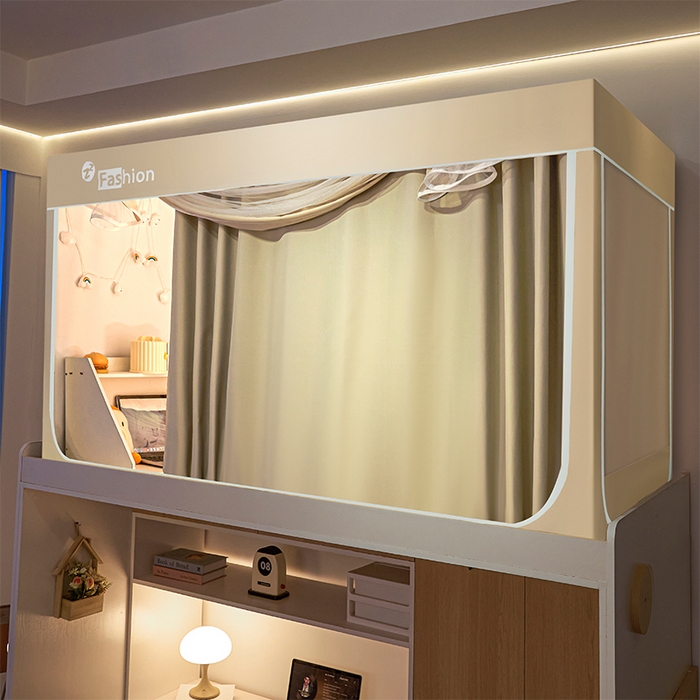 铭宣家居 2025新款100%物理强遮光纳米技术静电植绒环保透气床帘加密纱学生蚊帐透气面料 卡其