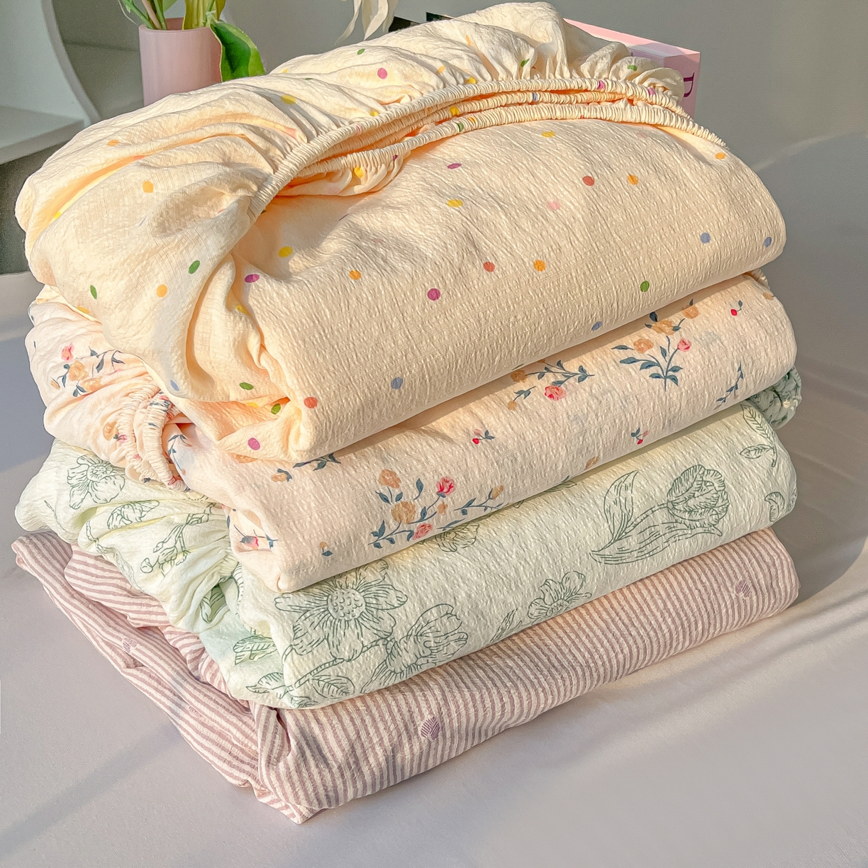 （总）韩巢家纺 2025新款云感提花双层纱单床笠热销款防滑床笠单件