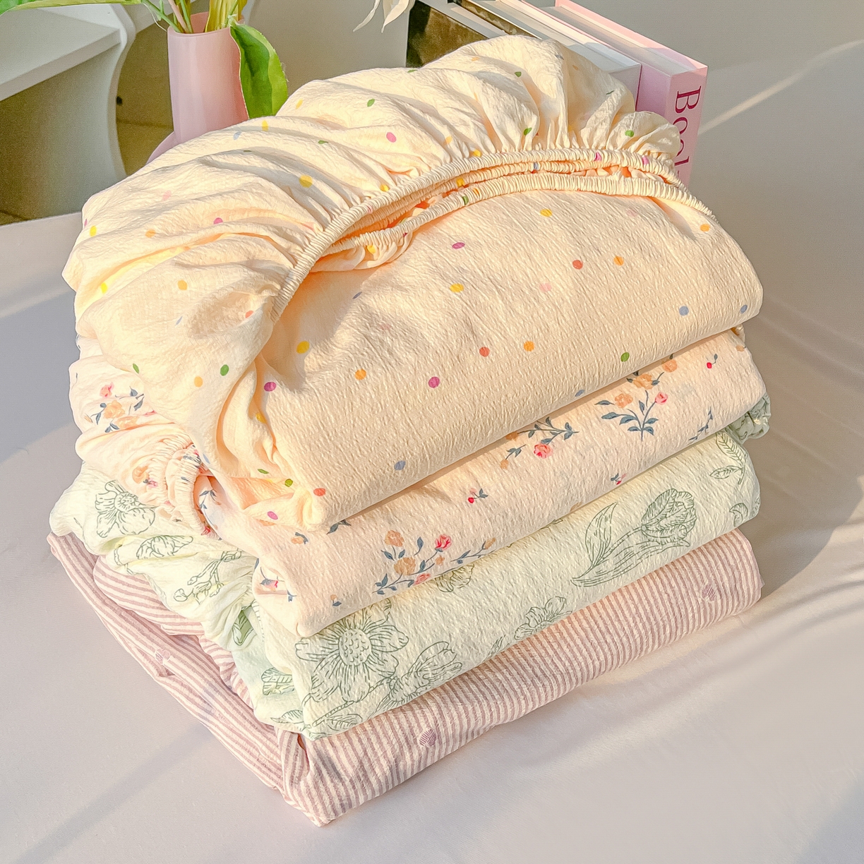 91家纺网 家纺一手货源 找家纺 （总）韩巢家纺 2025新款云感提花双层纱单床笠热销款防滑床笠单件