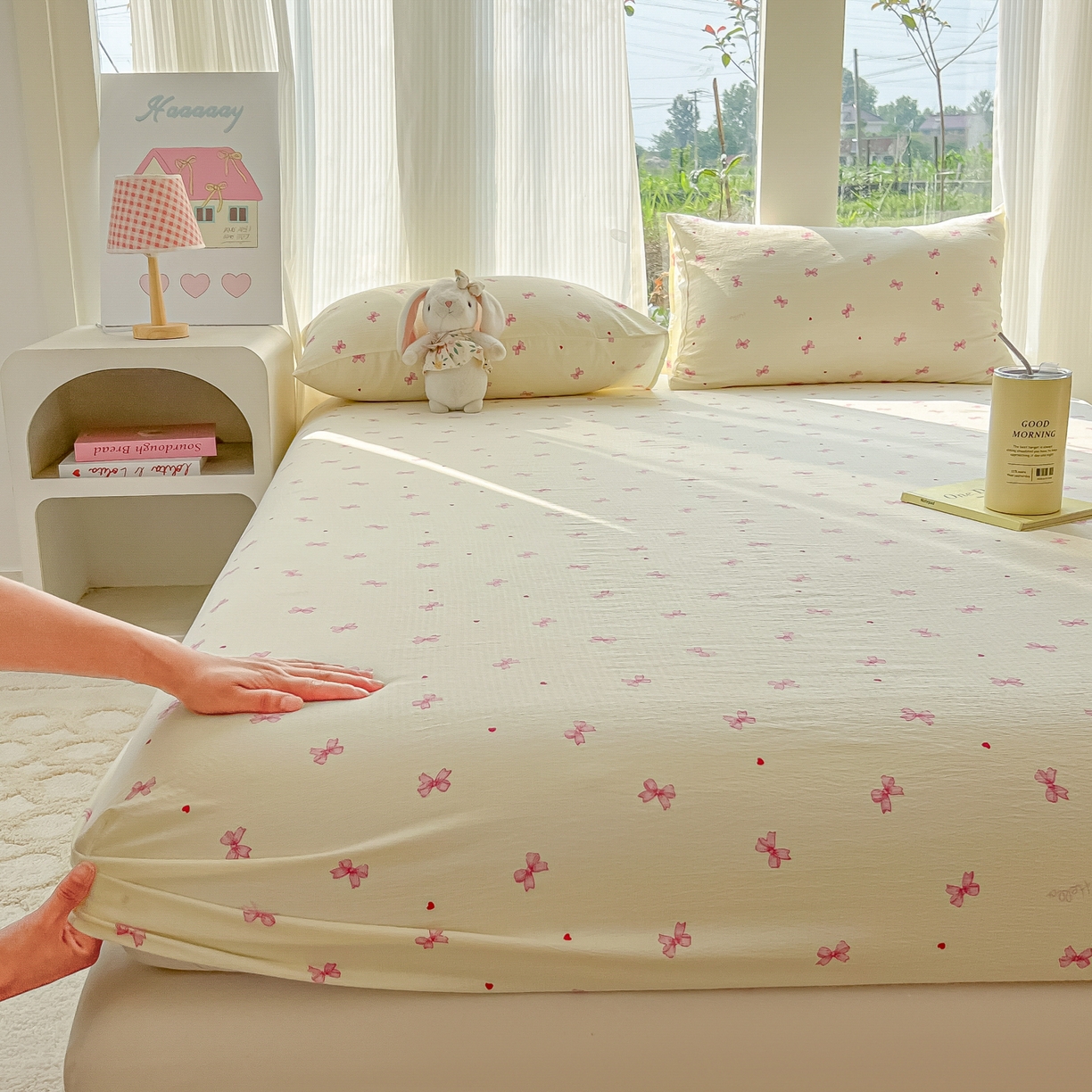 91家纺网 家纺一手货源 找家纺 （总）韩巢家纺 2025新款云感提花双层纱单床笠热销款防滑床笠单件