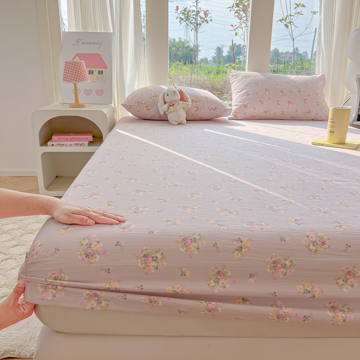 91家纺网 家纺一手货源 找家纺 （总）韩巢家纺 2025新款云感提花双层纱单床笠热销款防滑床笠单件