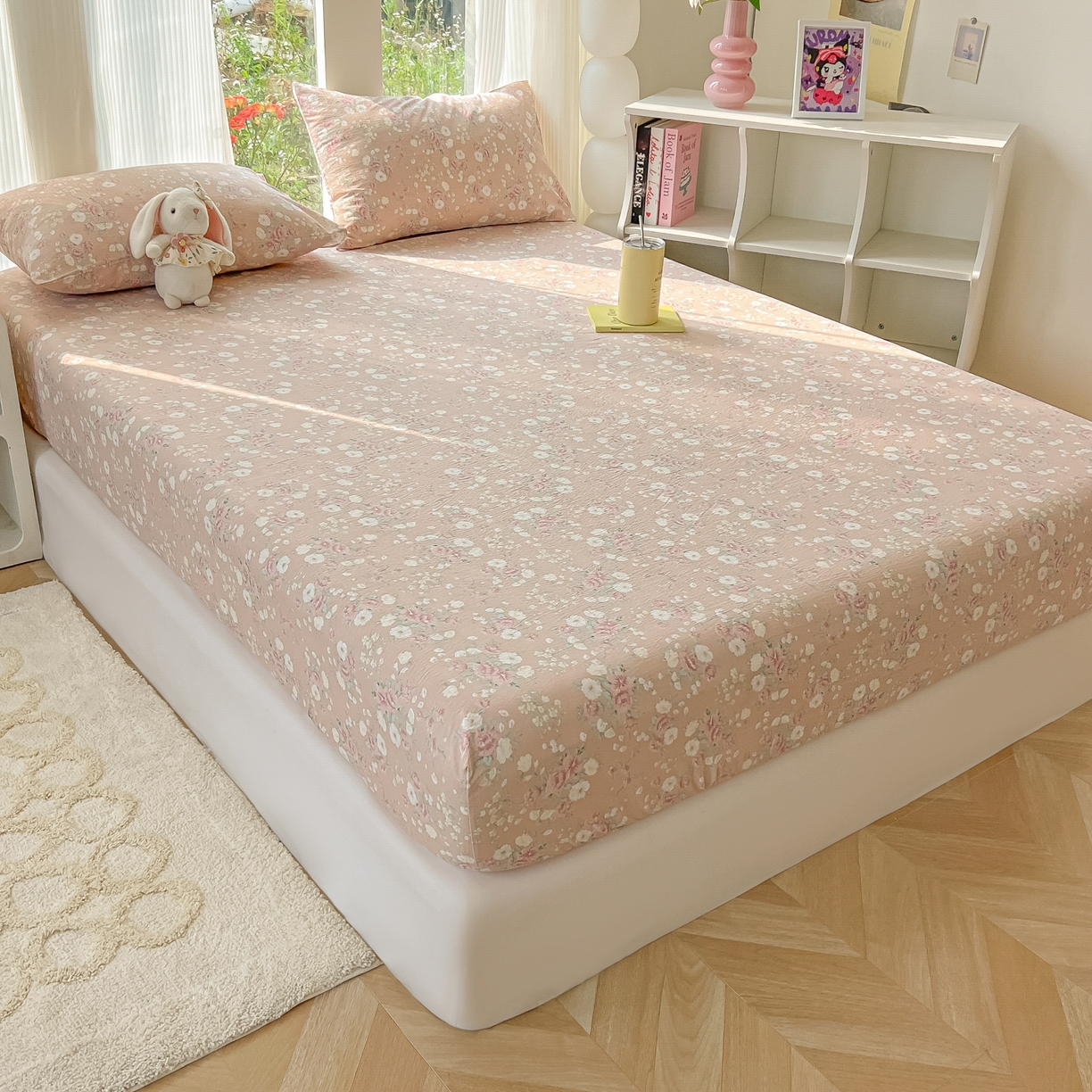 91家纺网 家纺一手货源 找家纺 韩巢家纺 2025新款云感提花双层纱单床笠热销款防滑床笠单件 爱如星辰