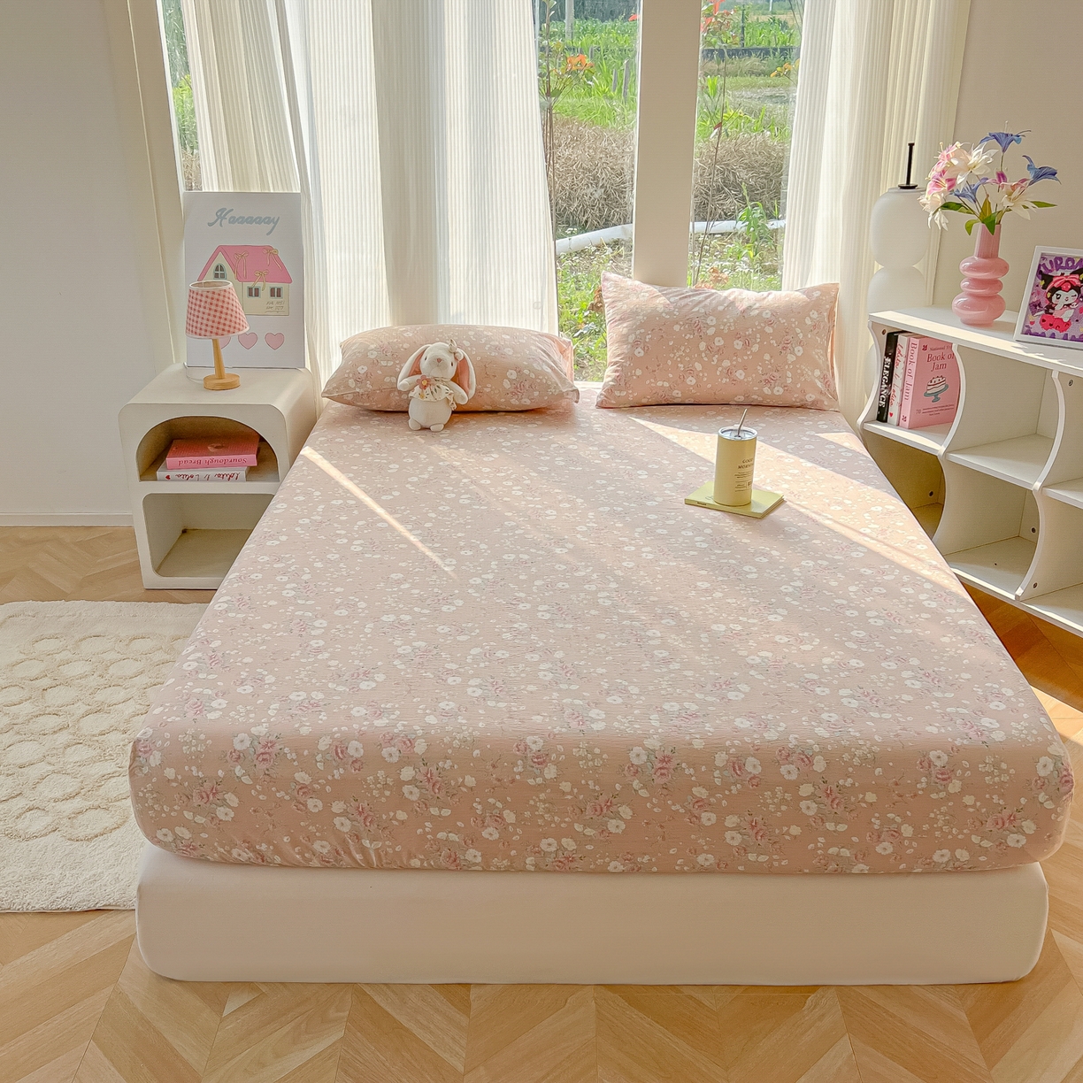 91家纺网 家纺一手货源 找家纺 韩巢家纺 2025新款云感提花双层纱单床笠热销款防滑床笠单件 爱如星辰