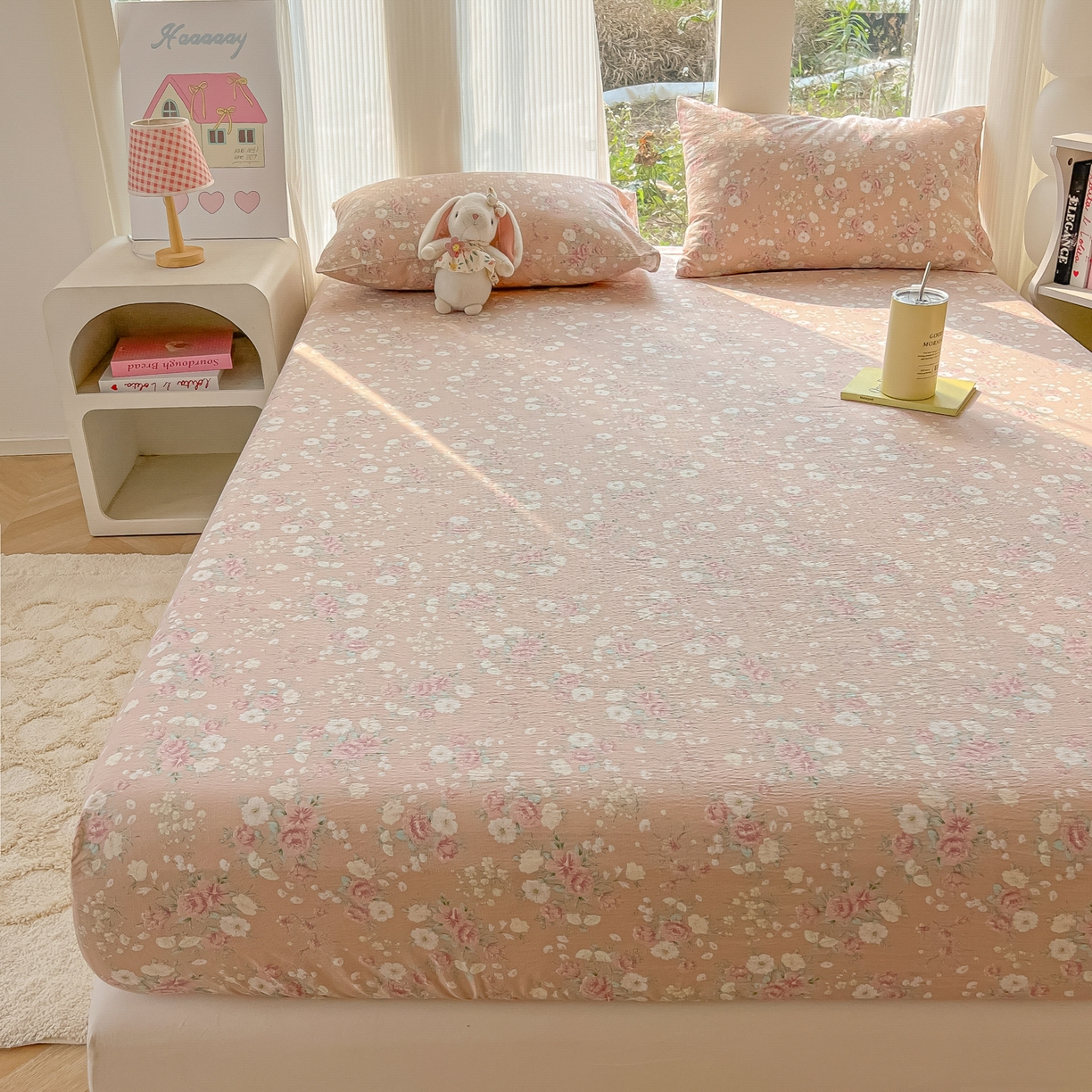 91家纺网 家纺一手货源 找家纺 韩巢家纺 2025新款云感提花双层纱单床笠热销款防滑床笠单件 爱如星辰