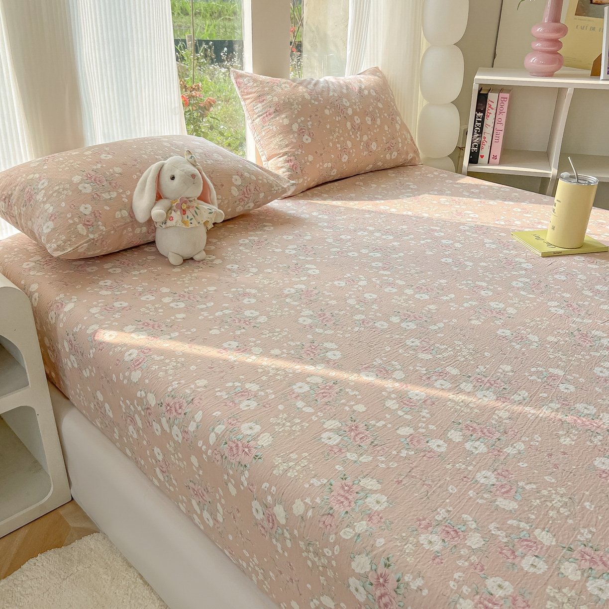 91家纺网 家纺一手货源 找家纺 韩巢家纺 2025新款云感提花双层纱单床笠热销款防滑床笠单件 爱如星辰