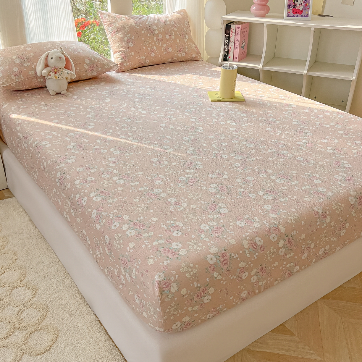 91家纺网 家纺一手货源 找家纺 韩巢家纺 2025新款云感提花双层纱单床笠热销款防滑床笠单件 爱如星辰