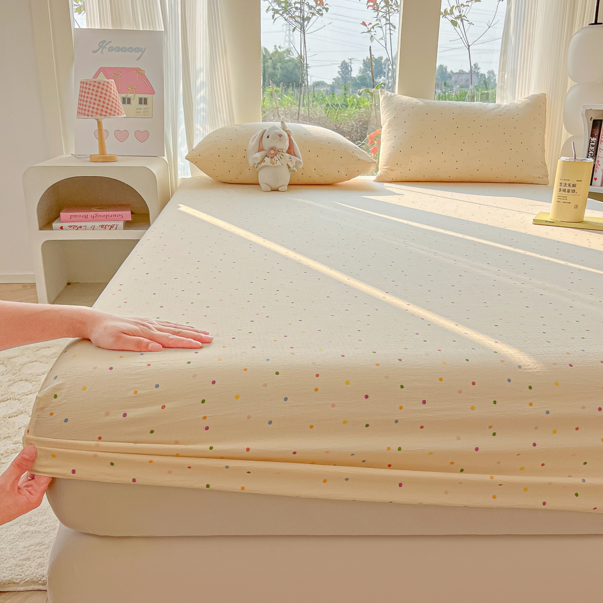 韩巢家纺 2025新款云感提花双层纱单床笠热销款防滑床笠单件 波点世界