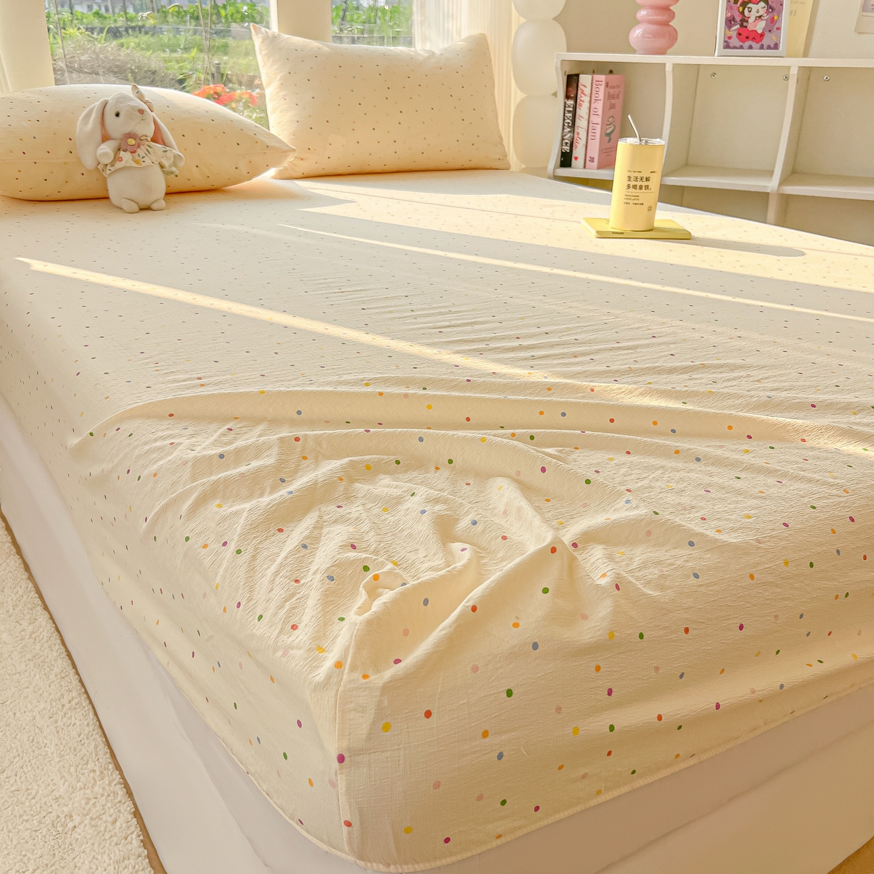 91家纺网 家纺一手货源 找家纺 韩巢家纺 2025新款云感提花双层纱单床笠热销款防滑床笠单件 波点世界