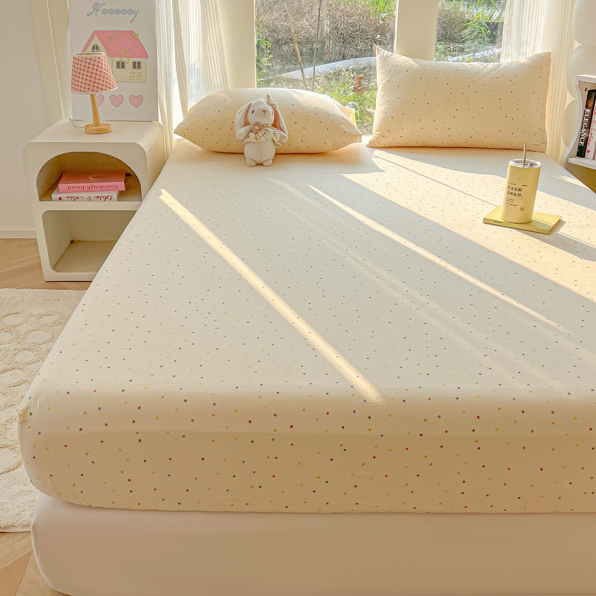 91家纺网 家纺一手货源 找家纺 韩巢家纺 2025新款云感提花双层纱单床笠热销款防滑床笠单件 波点世界