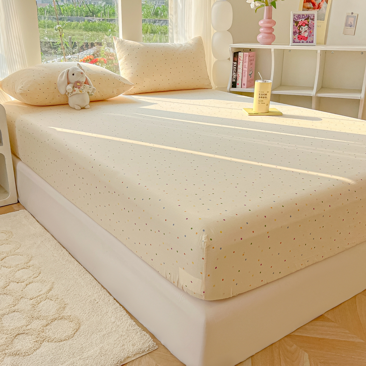 91家纺网 家纺一手货源 找家纺 韩巢家纺 2025新款云感提花双层纱单床笠热销款防滑床笠单件 波点世界