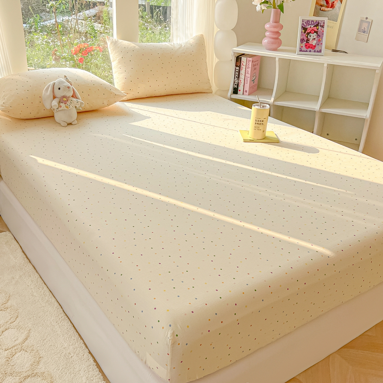 91家纺网 家纺一手货源 找家纺 韩巢家纺 2025新款云感提花双层纱单床笠热销款防滑床笠单件 波点世界