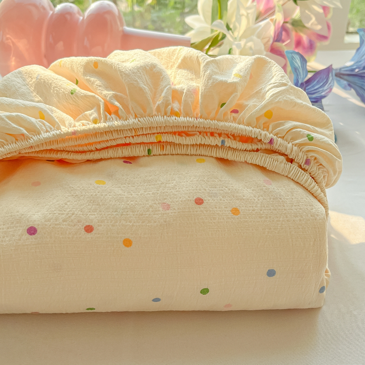 91家纺网 家纺一手货源 找家纺 韩巢家纺 2025新款云感提花双层纱单床笠热销款防滑床笠单件 波点世界