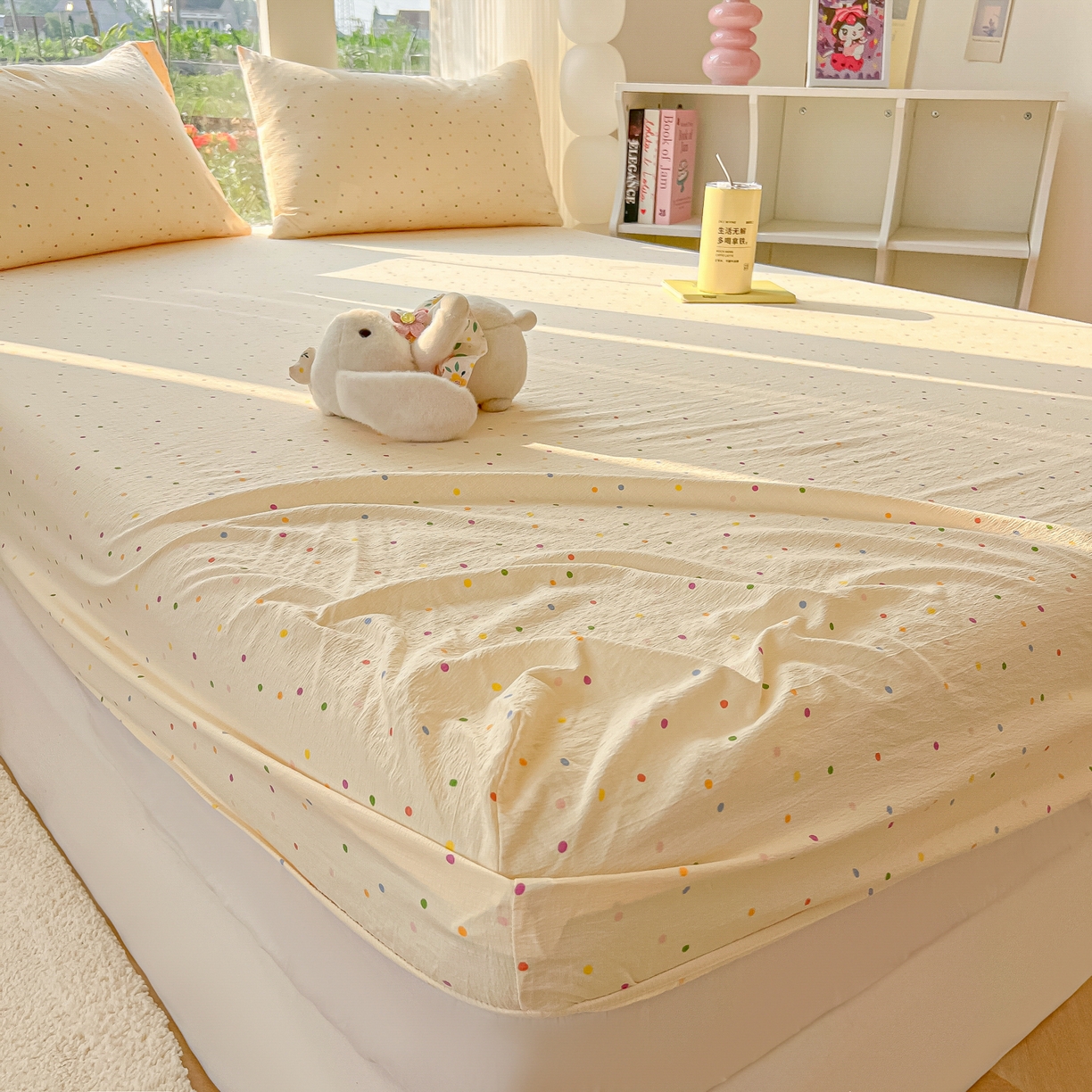 91家纺网 家纺一手货源 找家纺 韩巢家纺 2025新款云感提花双层纱单床笠热销款防滑床笠单件 波点世界