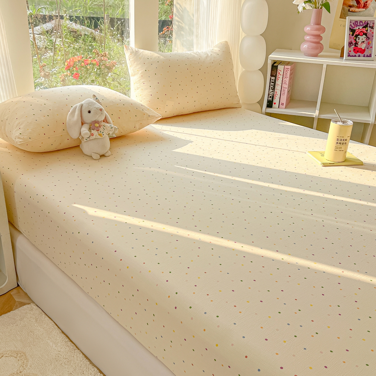 91家纺网 家纺一手货源 找家纺 韩巢家纺 2025新款云感提花双层纱单床笠热销款防滑床笠单件 波点世界