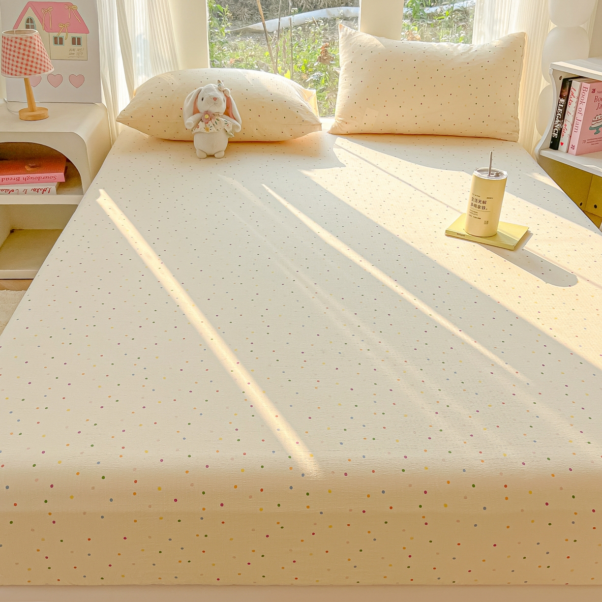 91家纺网 家纺一手货源 找家纺 韩巢家纺 2025新款云感提花双层纱单床笠热销款防滑床笠单件 波点世界