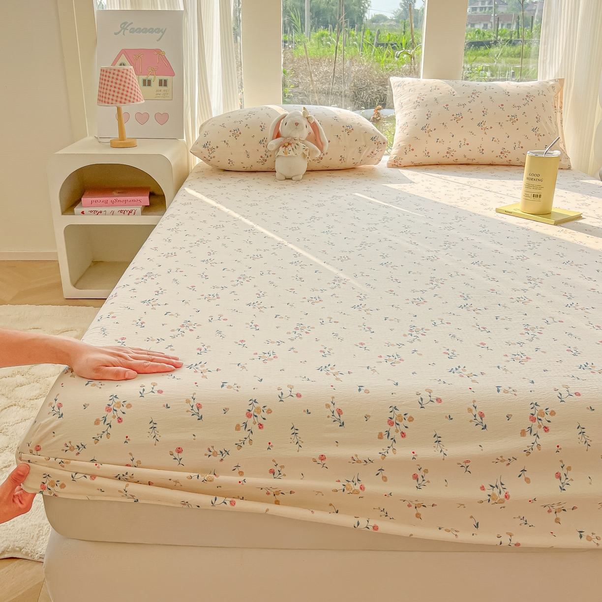 韩巢家纺 2025新款云感提花双层纱单床笠热销款防滑床笠单件 春风十里