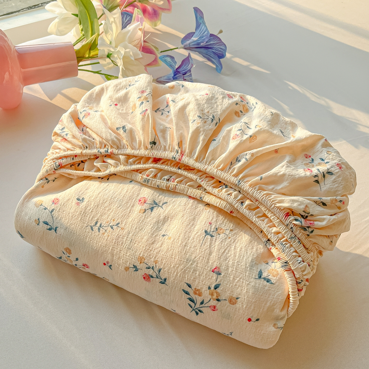 91家纺网 家纺一手货源 找家纺 韩巢家纺 2025新款云感提花双层纱单床笠热销款防滑床笠单件 春风十里