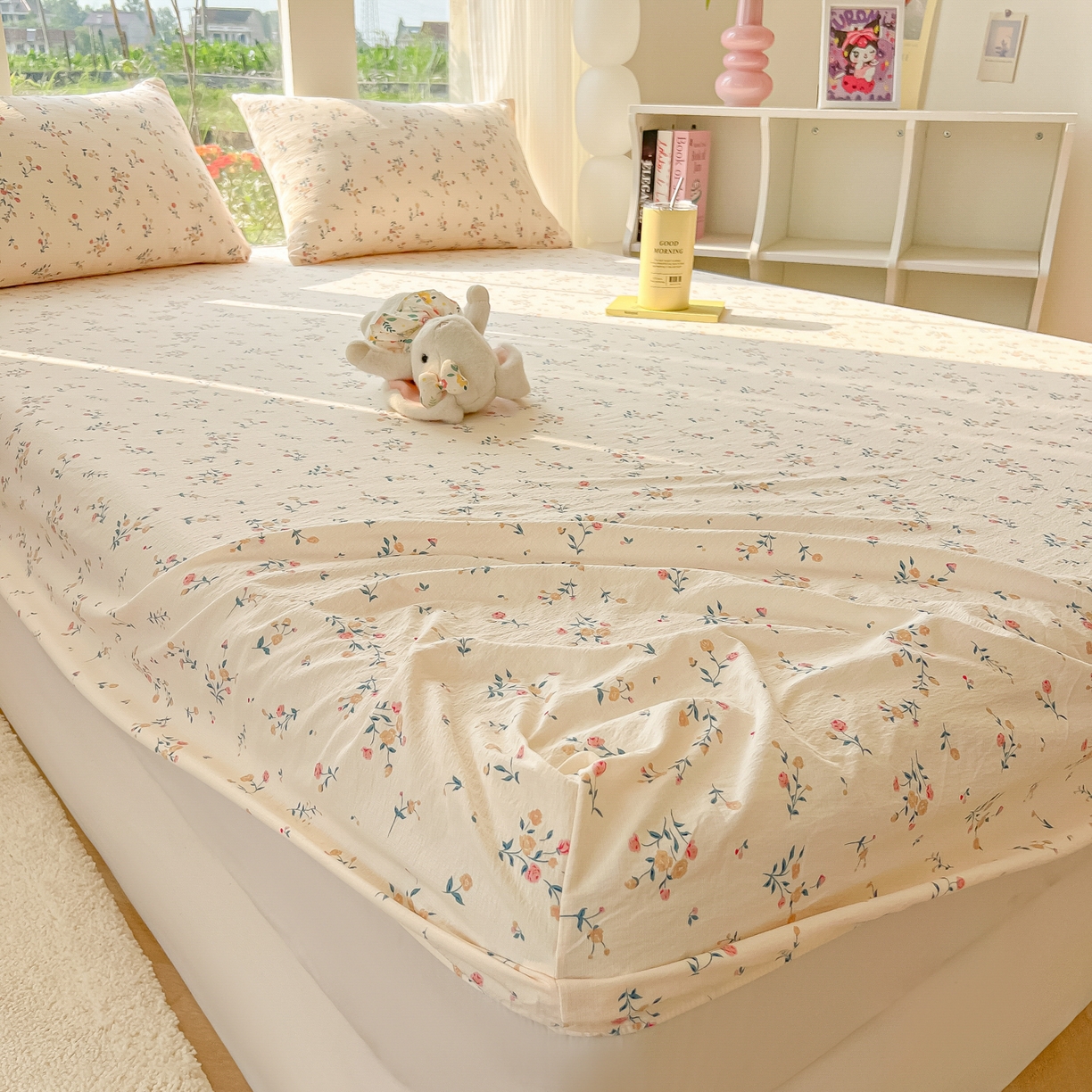 91家纺网 家纺一手货源 找家纺 韩巢家纺 2025新款云感提花双层纱单床笠热销款防滑床笠单件 春风十里