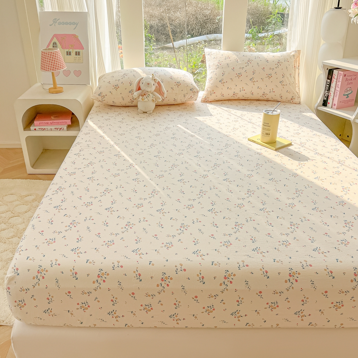 91家纺网 家纺一手货源 找家纺 韩巢家纺 2025新款云感提花双层纱单床笠热销款防滑床笠单件 春风十里