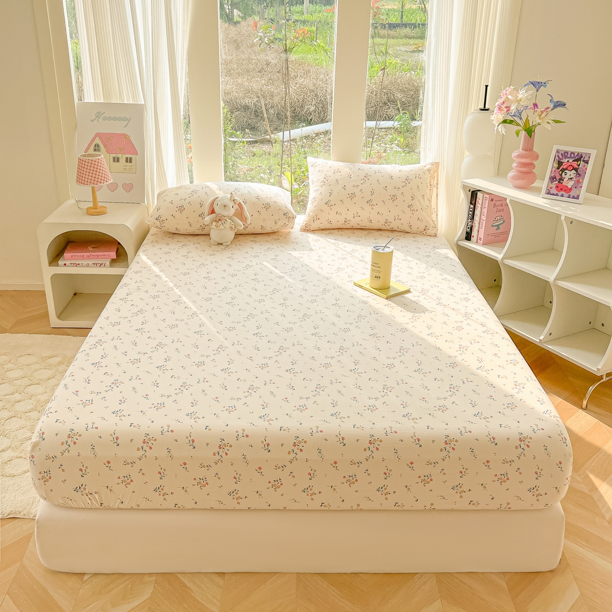 91家纺网 家纺一手货源 找家纺 韩巢家纺 2025新款云感提花双层纱单床笠热销款防滑床笠单件 春风十里