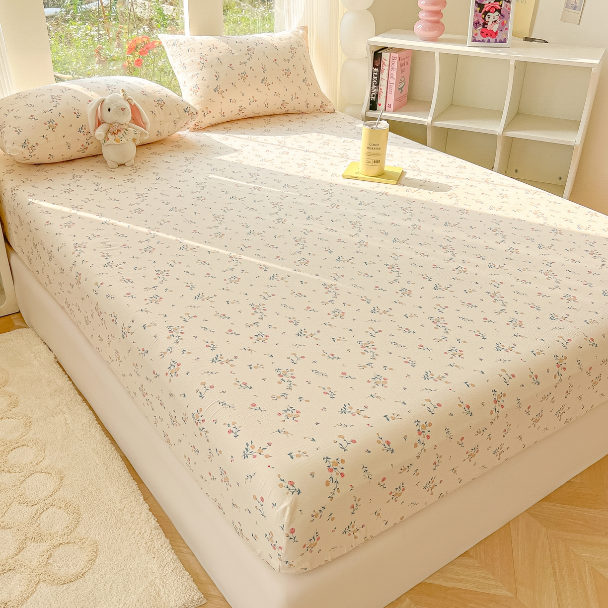 91家纺网 家纺一手货源 找家纺 韩巢家纺 2025新款云感提花双层纱单床笠热销款防滑床笠单件 春风十里