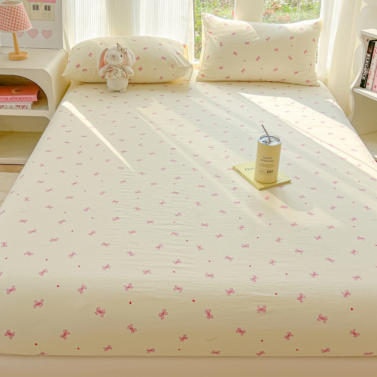 91家纺网 家纺一手货源 找家纺 韩巢家纺 2025新款云感提花双层纱单床笠热销款防滑床笠单件 粉相思