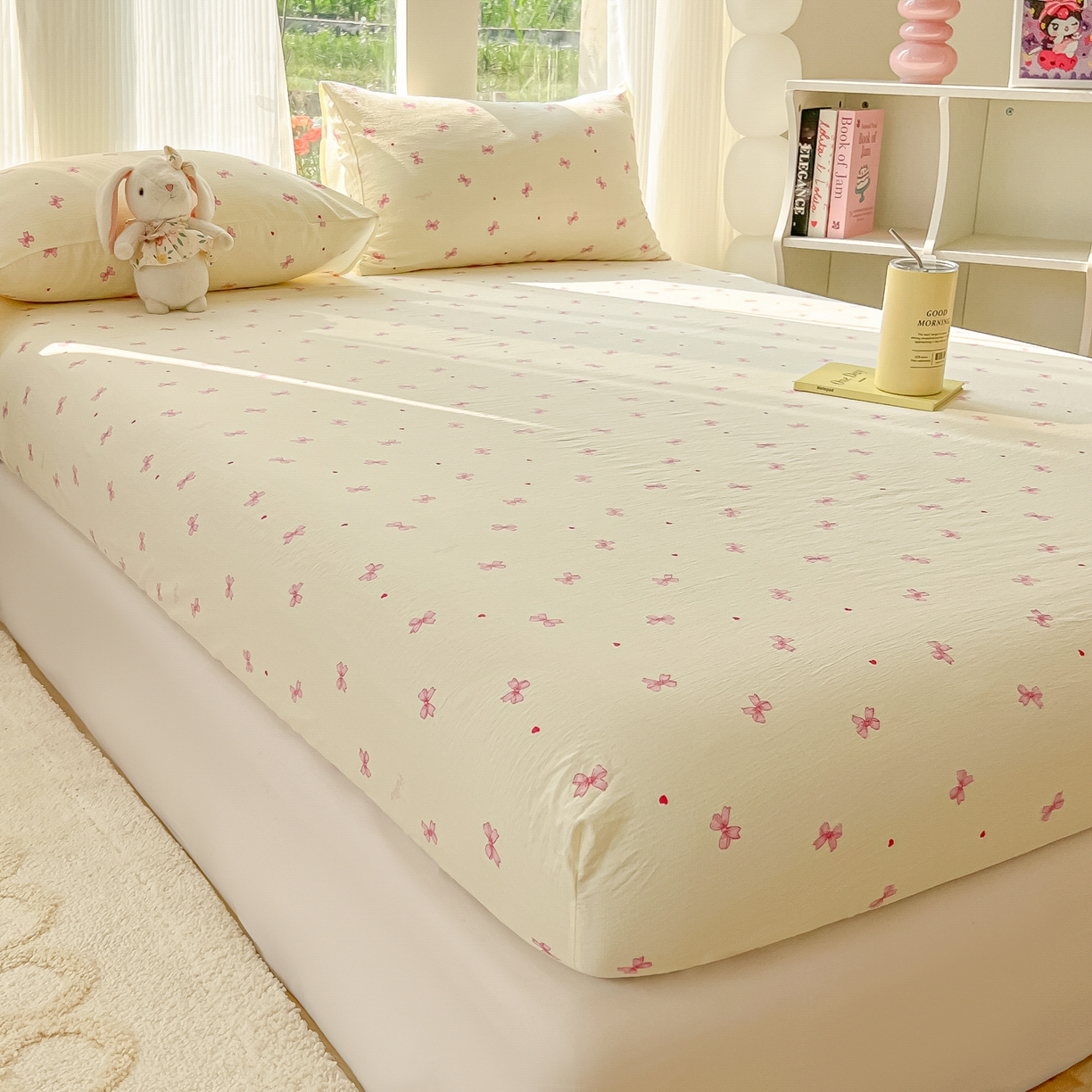 91家纺网 家纺一手货源 找家纺 韩巢家纺 2025新款云感提花双层纱单床笠热销款防滑床笠单件 粉相思