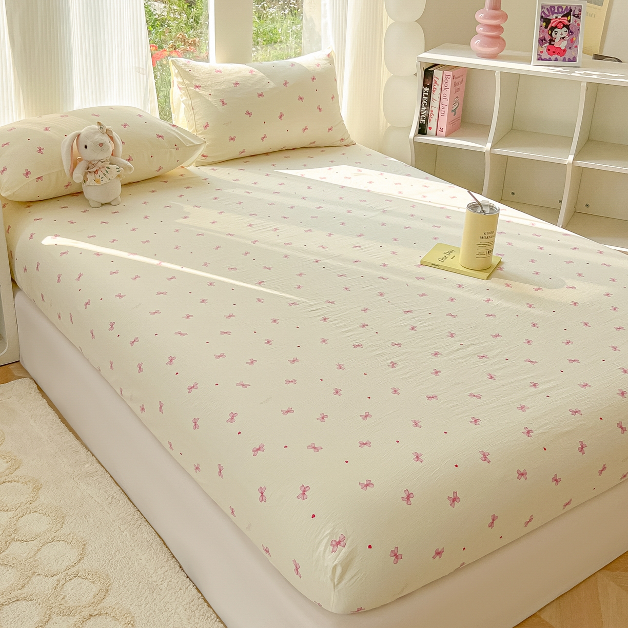 91家纺网 家纺一手货源 找家纺 韩巢家纺 2025新款云感提花双层纱单床笠热销款防滑床笠单件 粉相思