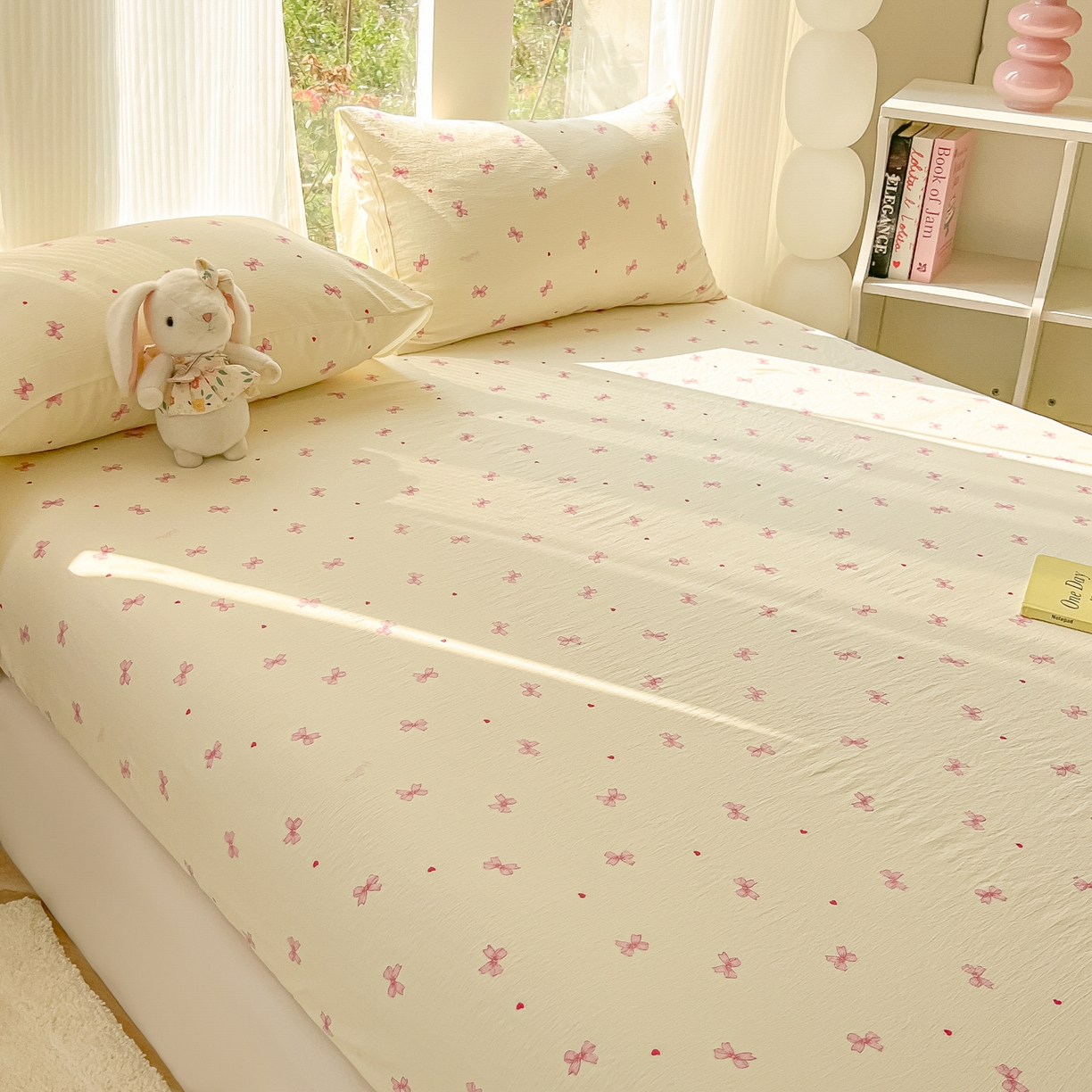 91家纺网 家纺一手货源 找家纺 韩巢家纺 2025新款云感提花双层纱单床笠热销款防滑床笠单件 粉相思