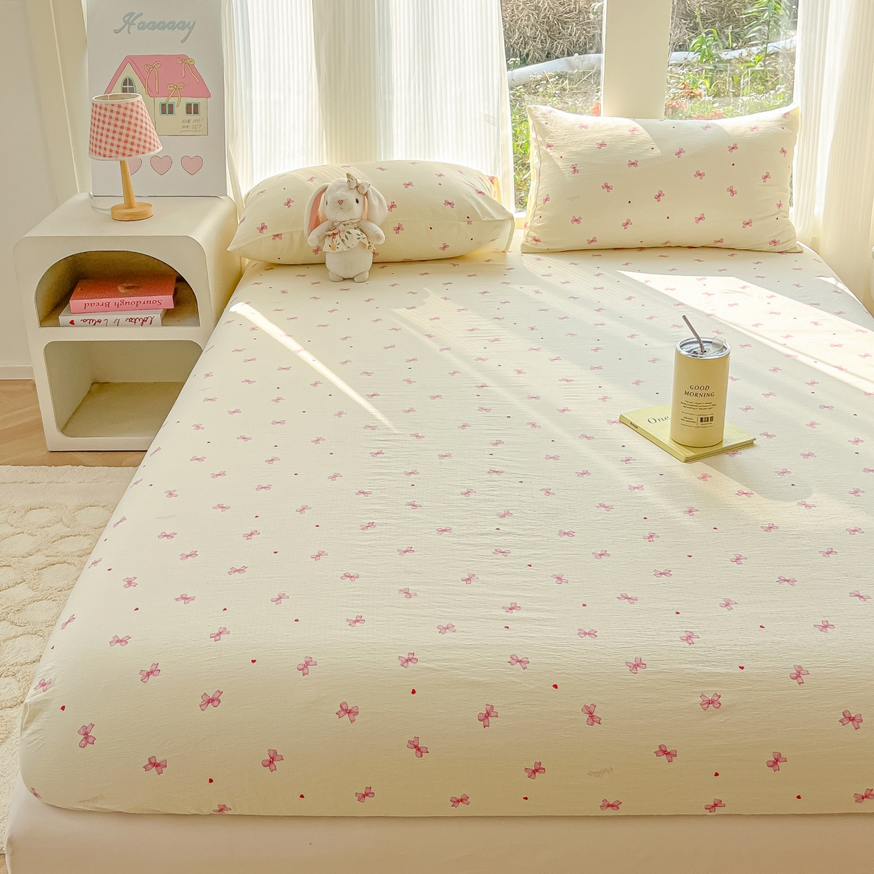 91家纺网 家纺一手货源 找家纺 韩巢家纺 2025新款云感提花双层纱单床笠热销款防滑床笠单件 粉相思