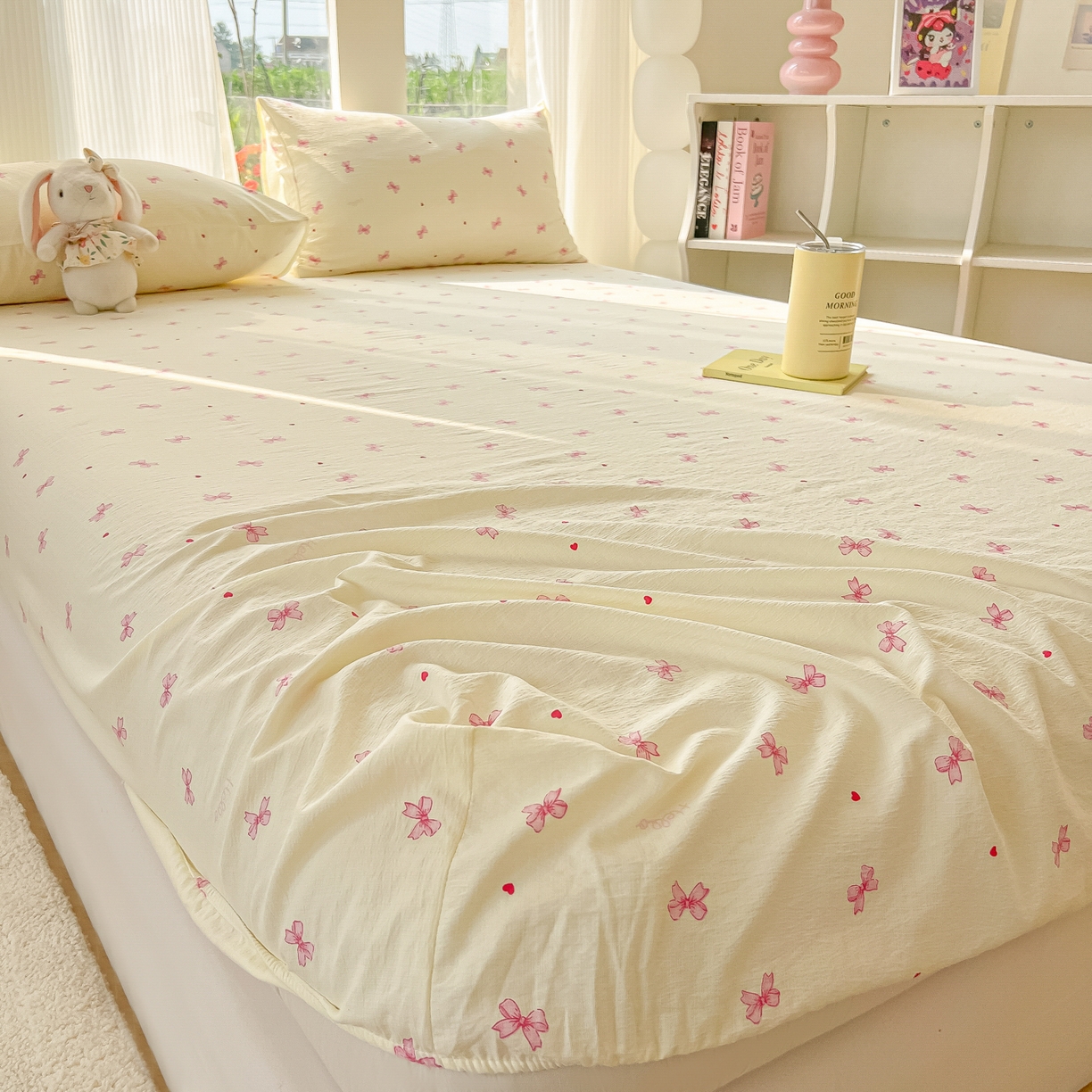 91家纺网 家纺一手货源 找家纺 韩巢家纺 2025新款云感提花双层纱单床笠热销款防滑床笠单件 粉相思