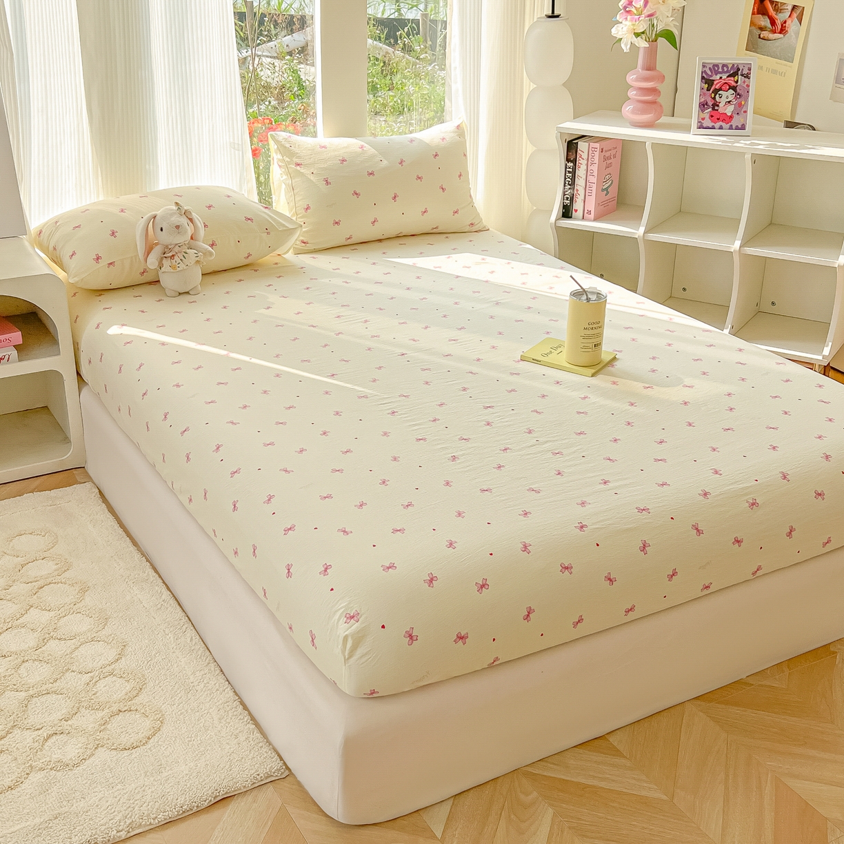 91家纺网 家纺一手货源 找家纺 韩巢家纺 2025新款云感提花双层纱单床笠热销款防滑床笠单件 粉相思