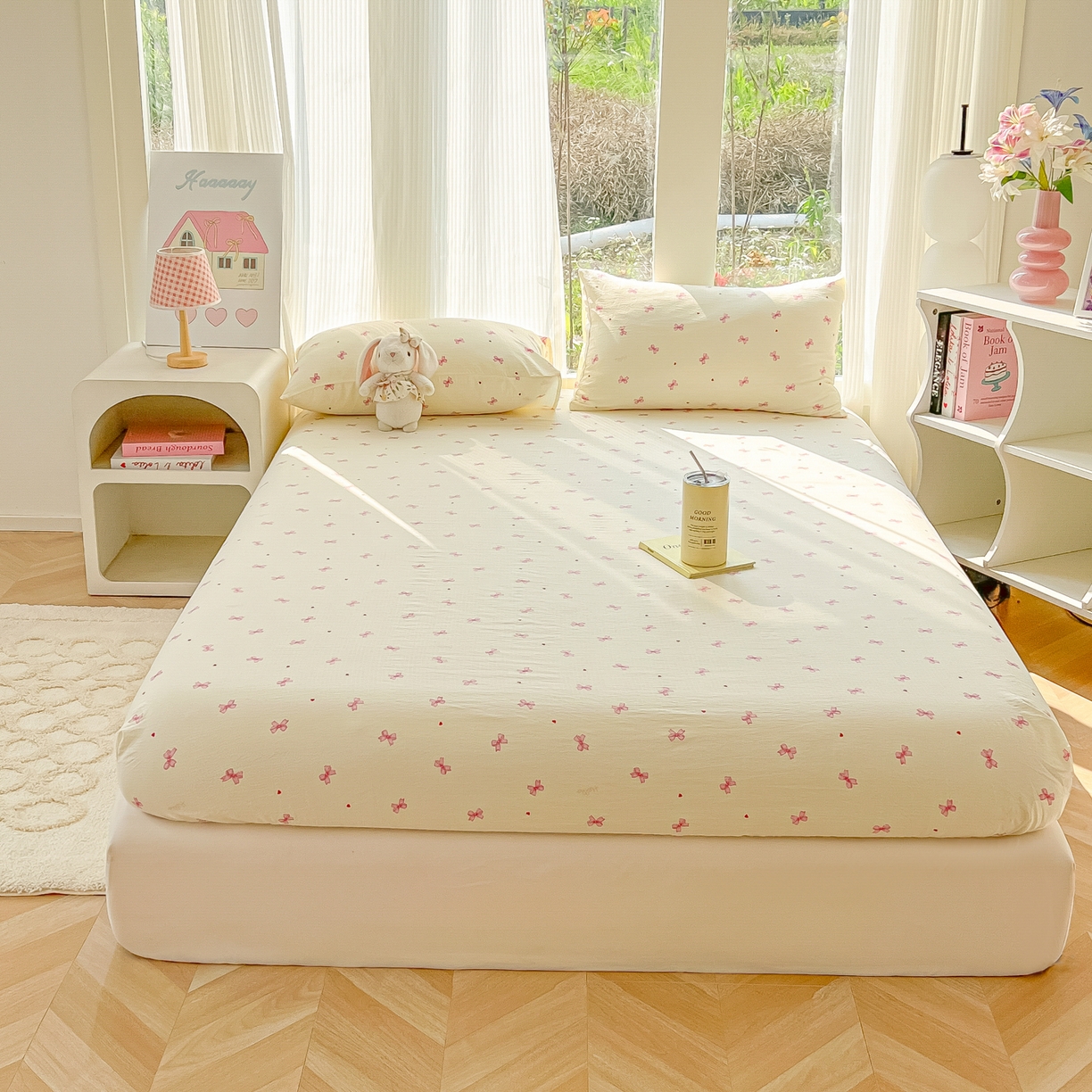 91家纺网 家纺一手货源 找家纺 韩巢家纺 2025新款云感提花双层纱单床笠热销款防滑床笠单件 粉相思