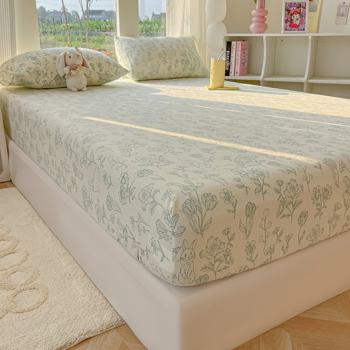 91家纺网 家纺一手货源 找家纺 韩巢家纺 2025新款云感提花双层纱单床笠热销款防滑床笠单件 海像森林