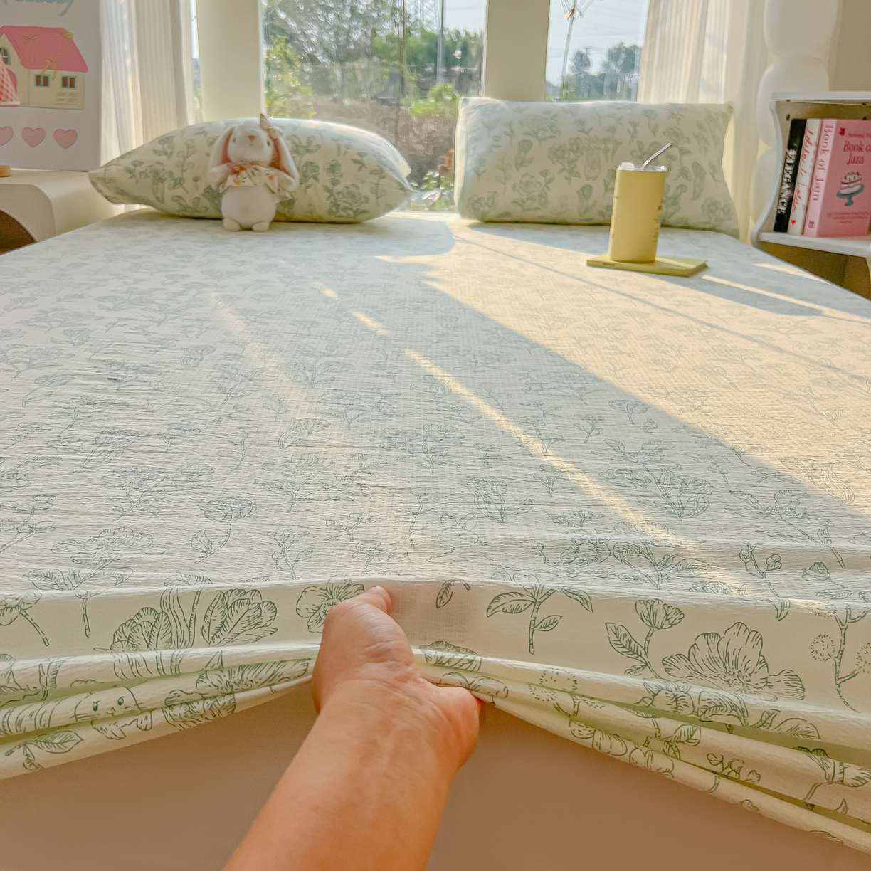 91家纺网 家纺一手货源 找家纺 韩巢家纺 2025新款云感提花双层纱单床笠热销款防滑床笠单件 海像森林