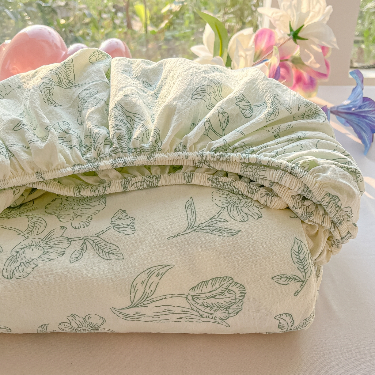 91家纺网 家纺一手货源 找家纺 韩巢家纺 2025新款云感提花双层纱单床笠热销款防滑床笠单件 海像森林