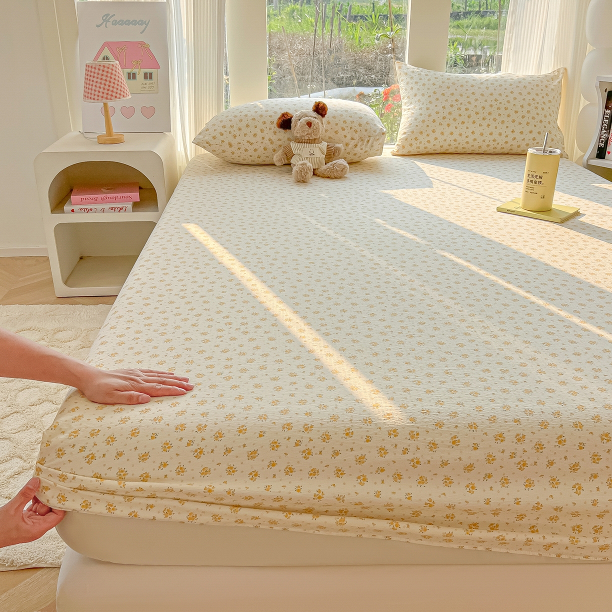 韩巢家纺 2025新款云感提花双层纱单床笠热销款防滑床笠单件 橘子海