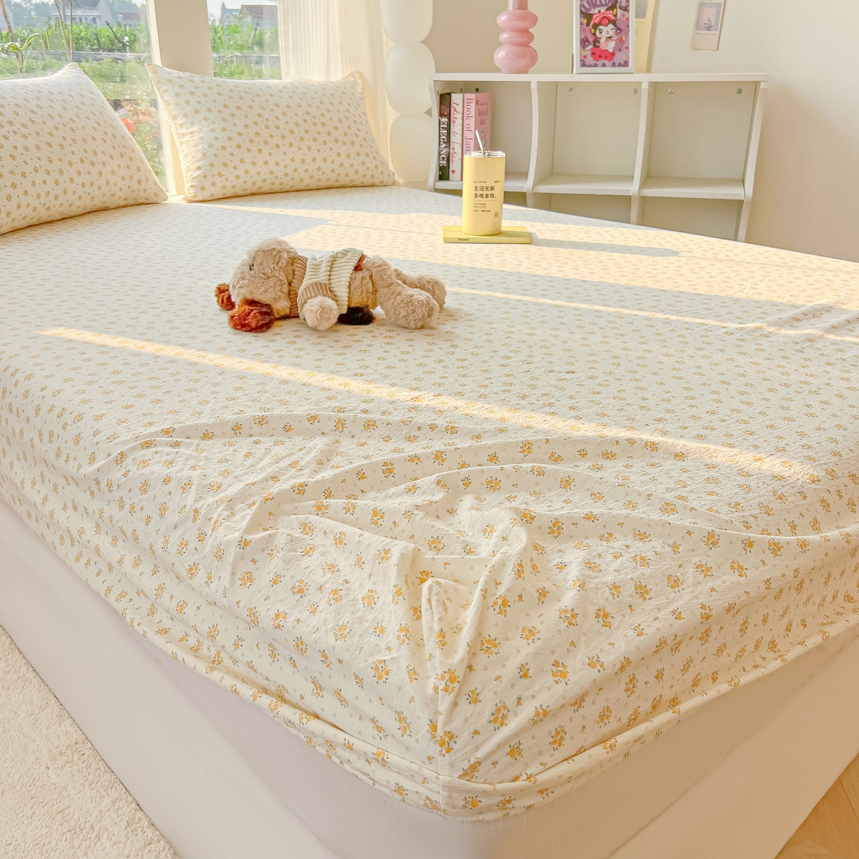 91家纺网 家纺一手货源 找家纺 韩巢家纺 2025新款云感提花双层纱单床笠热销款防滑床笠单件 橘子海