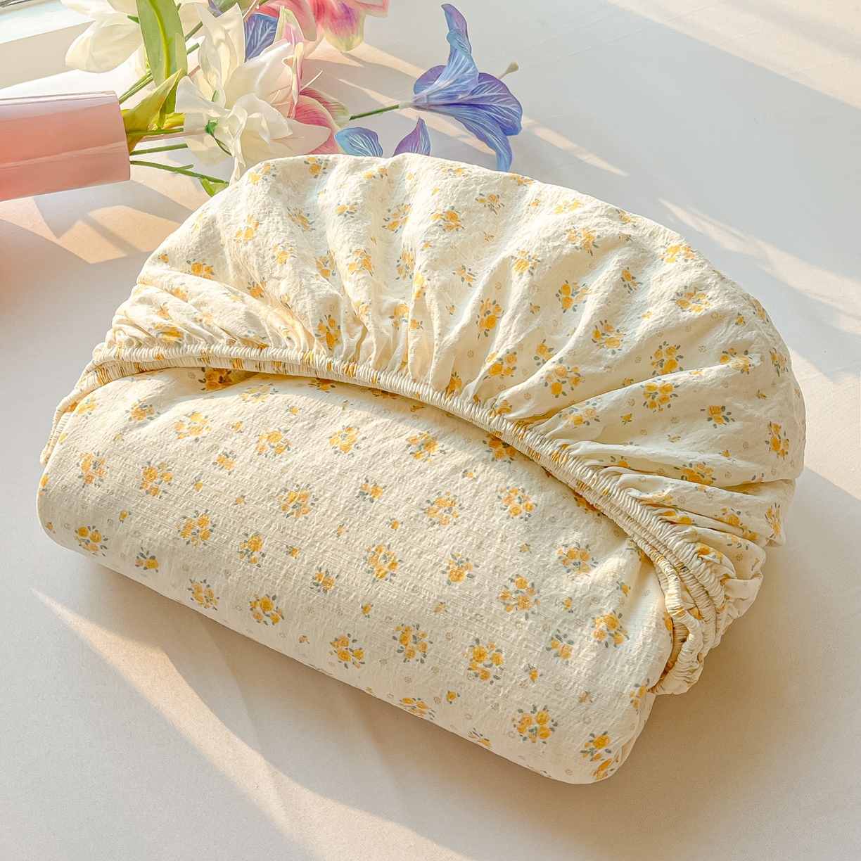 91家纺网 家纺一手货源 找家纺 韩巢家纺 2025新款云感提花双层纱单床笠热销款防滑床笠单件 橘子海