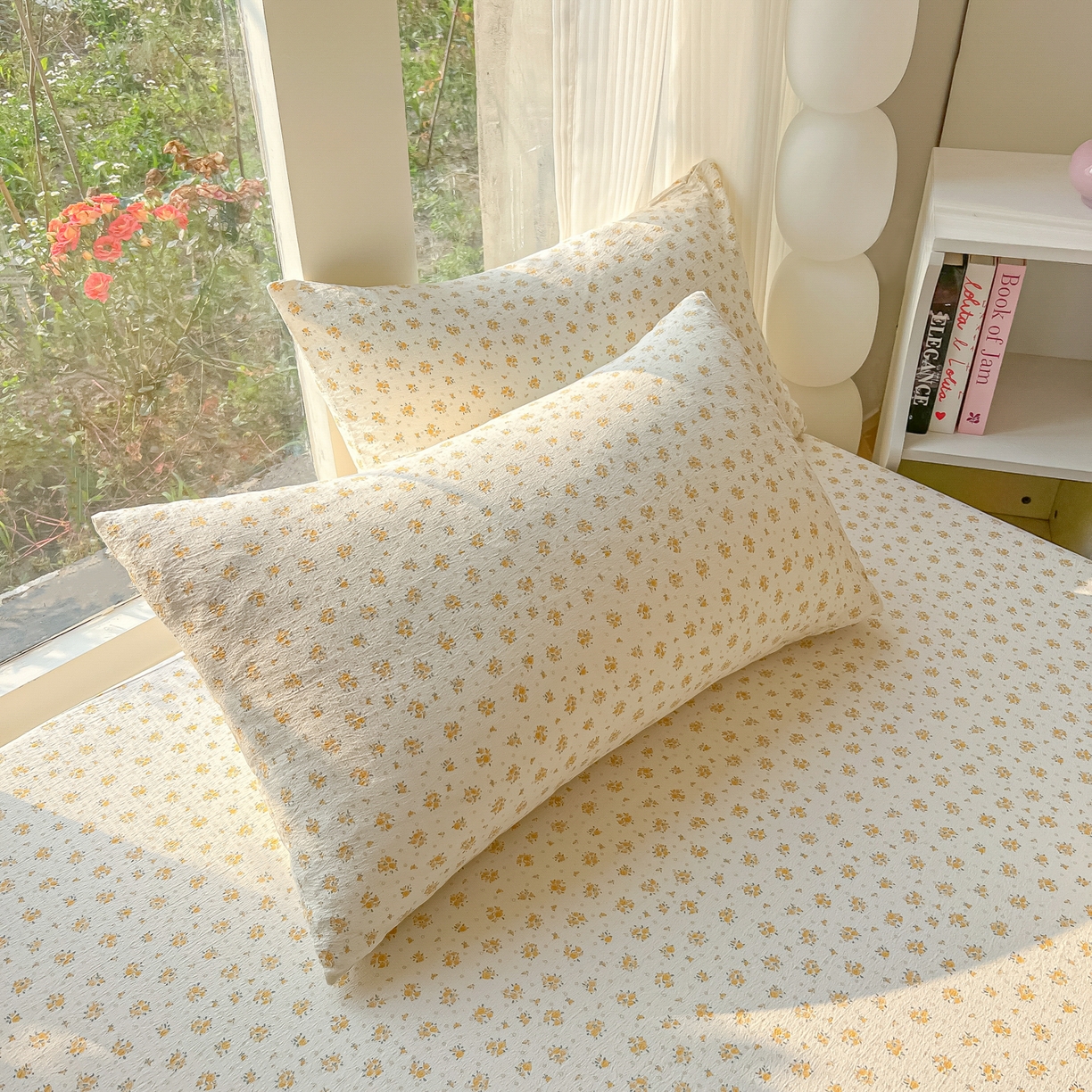 91家纺网 家纺一手货源 找家纺 韩巢家纺 2025新款云感提花双层纱单床笠热销款防滑床笠单件 橘子海