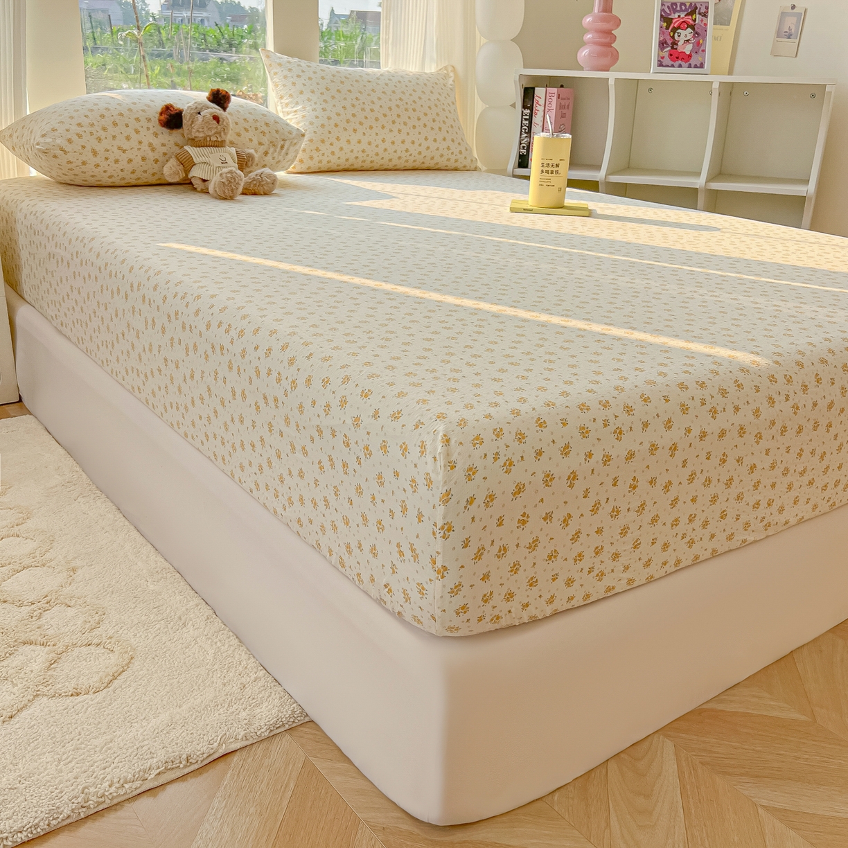 91家纺网 家纺一手货源 找家纺 韩巢家纺 2025新款云感提花双层纱单床笠热销款防滑床笠单件 橘子海